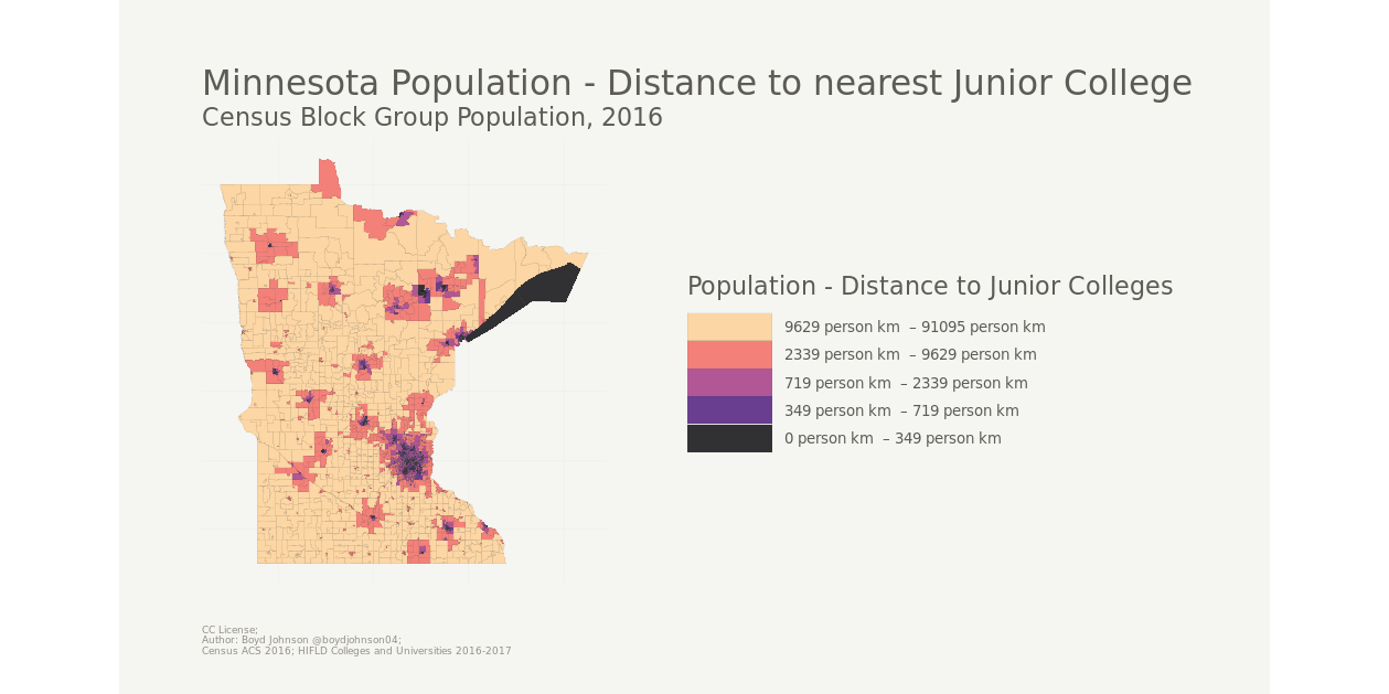 choropleth of MN distance to nearest junior college